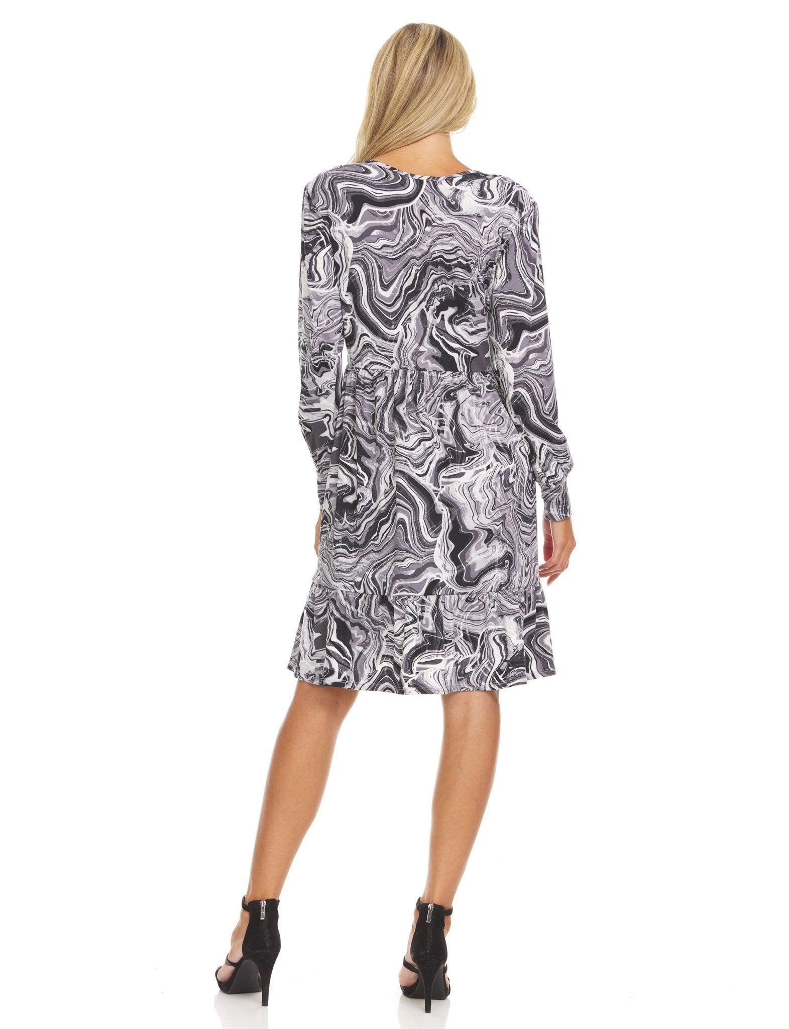 Long Sleeve Printed Swirl Black and Grey V-Neck Multi Tiered Midi Dress Product Image