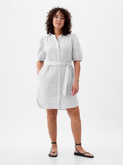 Linen-Cotton Puff-Sleeve Mini Shirtdress Product Image