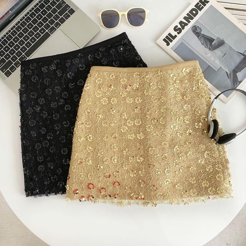 High Waist Sequined A-Line Mini Skirt Product Image