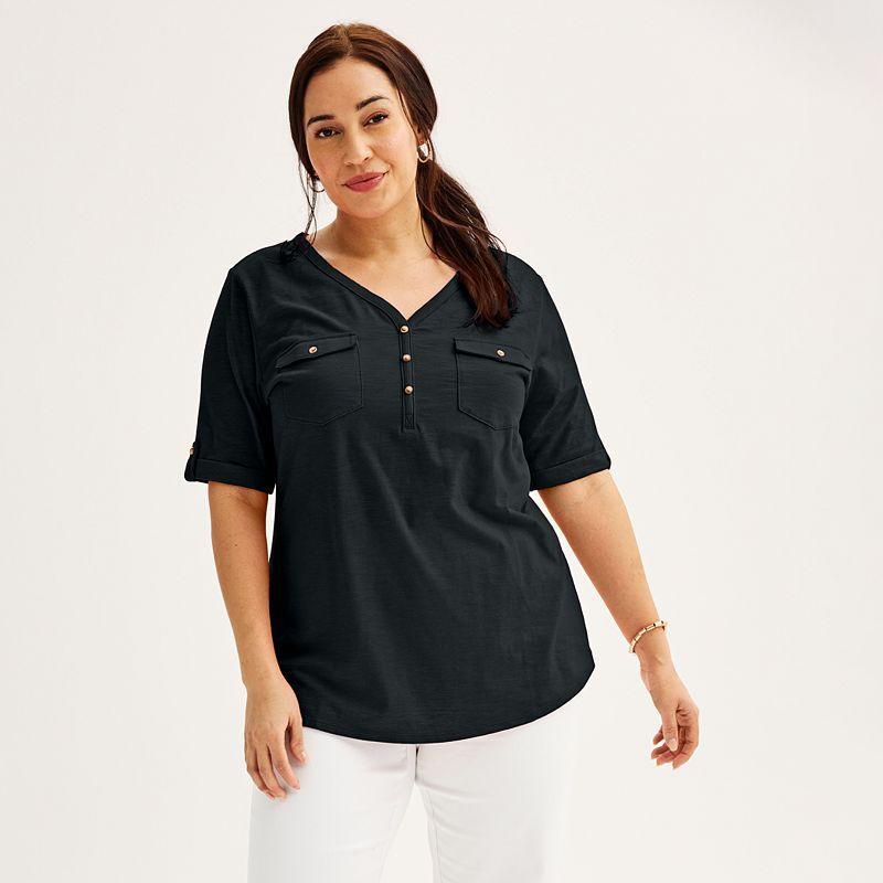 Plus Croft & Barrow Elbow Sleeve Utility Henley Top, Womens Product Image