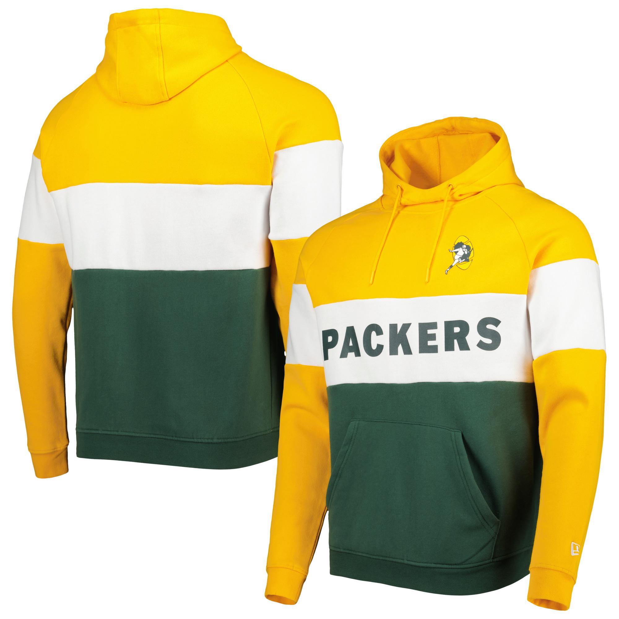 Mens New Era Green/ Green Bay Packers Colorblock Throwback Pullover Hoodie Product Image