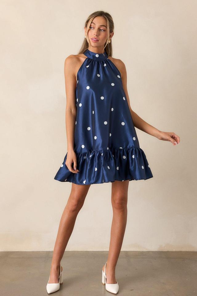 Sweet Soirée Navy Halter Polka Dot Mini Dress Product Image