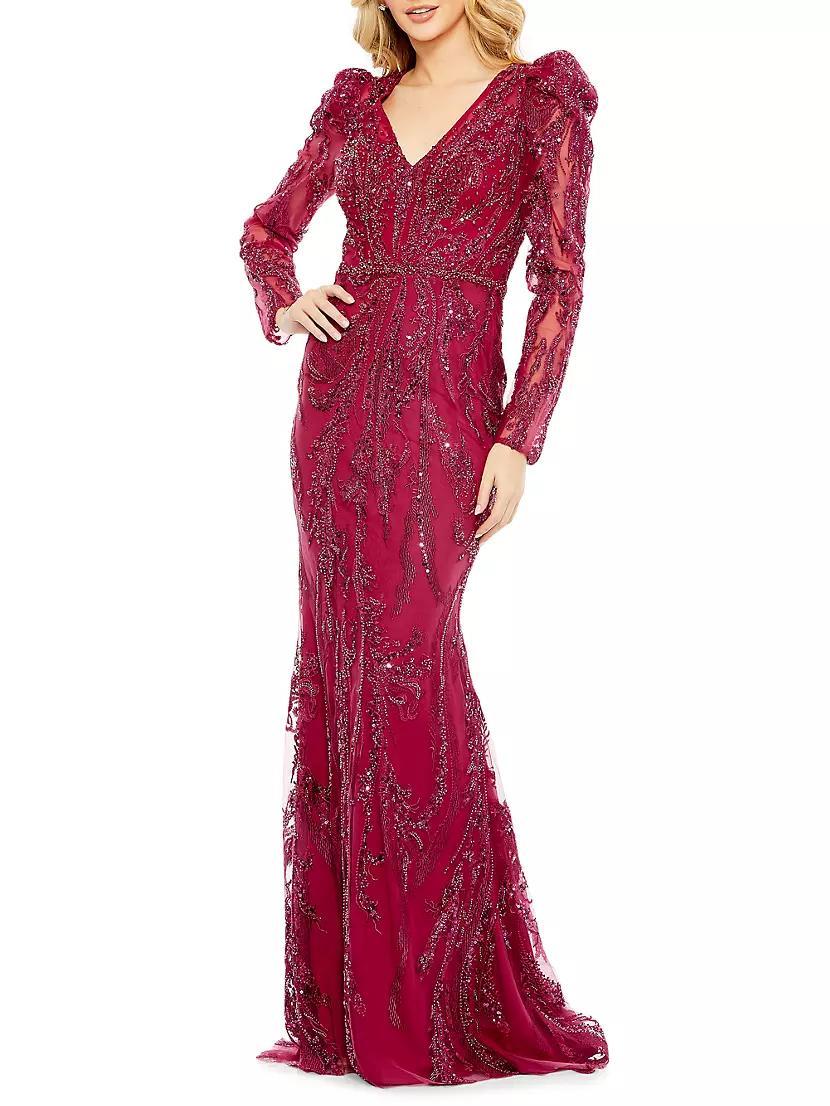 Embellished Puff-Sleeve V-Neck Gown Product Image