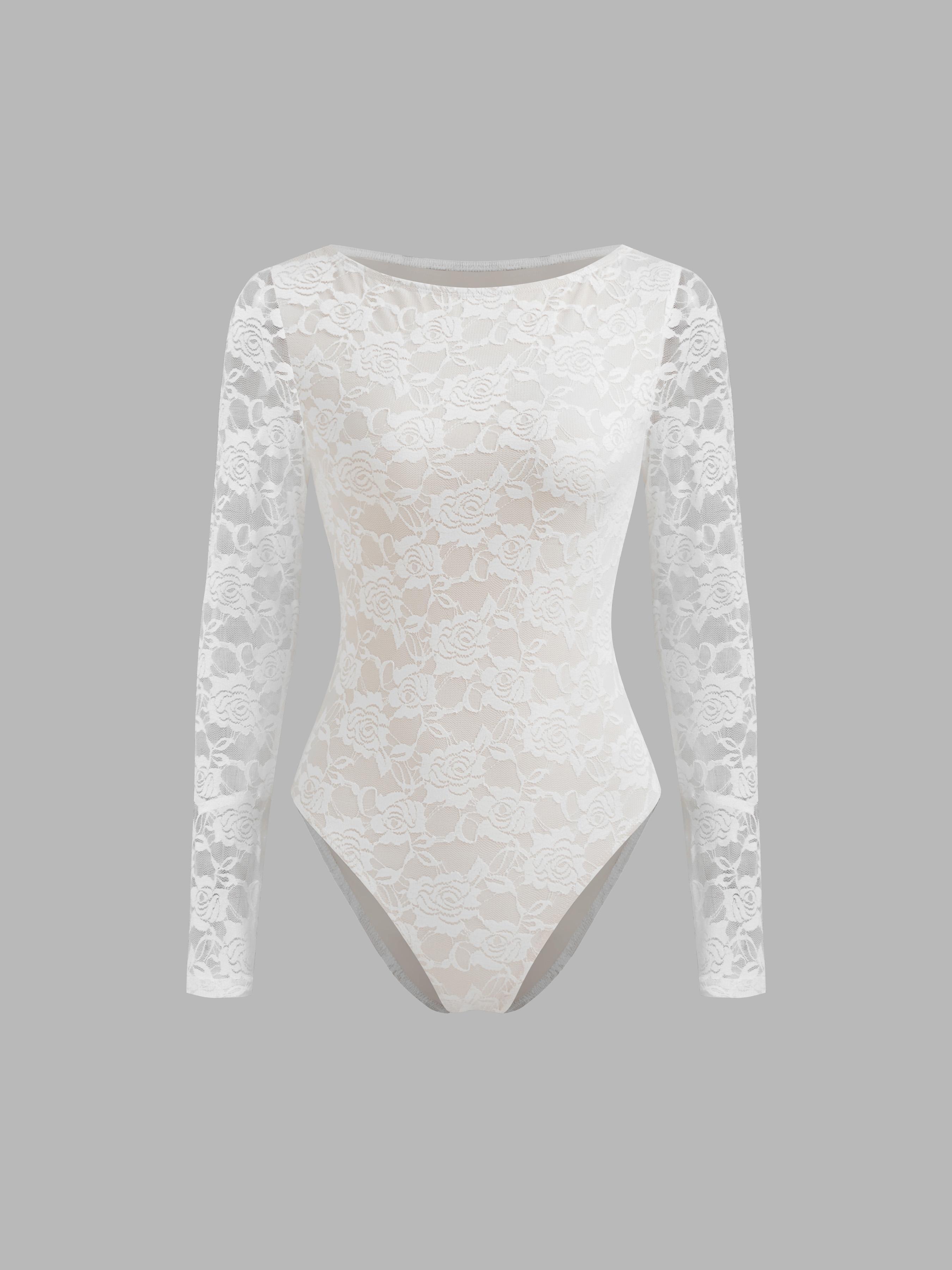 Boat Neck Floral Lace Long Sleeve Bodysuit Product Image