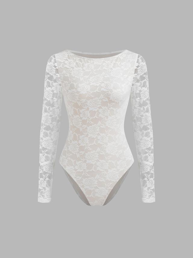 Boat Neck Floral Lace Long Sleeve Bodysuit Product Image