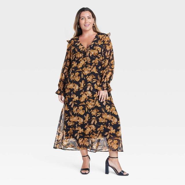 Womens Long Sleeve Sheer Maxi Dress - A New Day Black/Brown Floral 2X Product Image