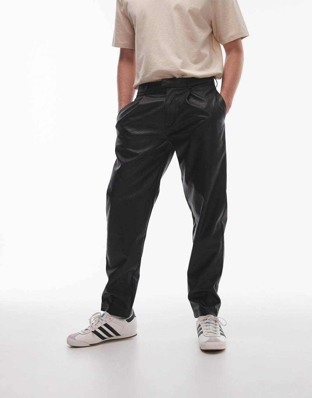 Topman tapered faux leather pants in black Product Image