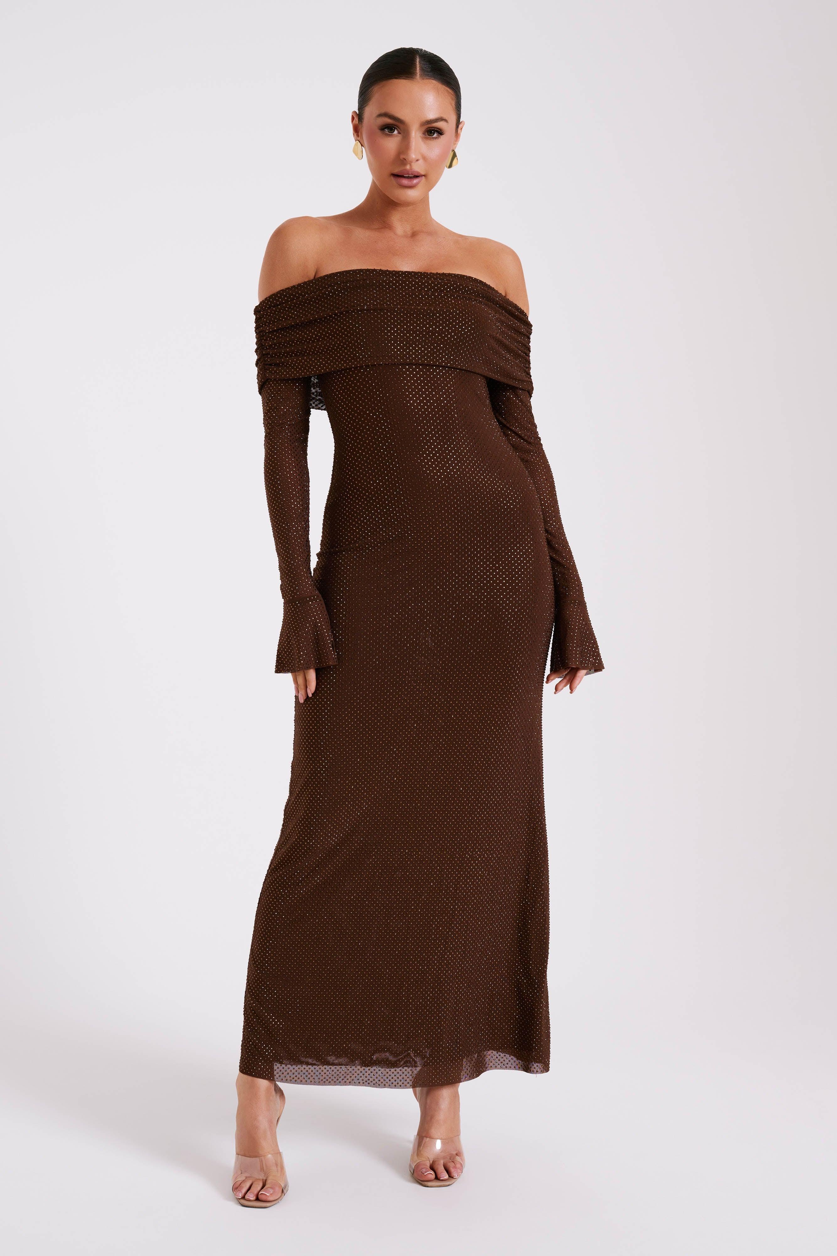 Marcel Off Shoulder Diamante Maxi Dress - Chocolate Product Image