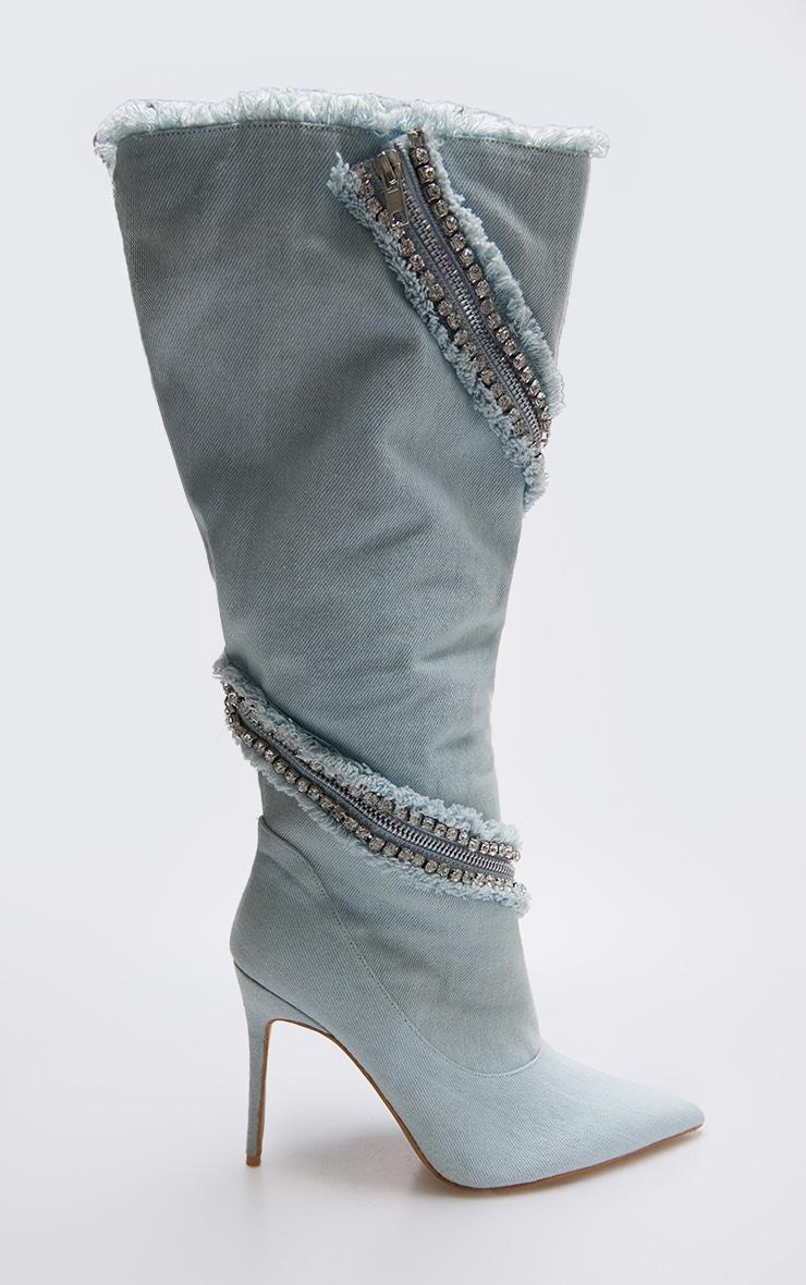 Light Blue Denim Point Toe Diamante Zip High Stiletto Knee High Boots Product Image