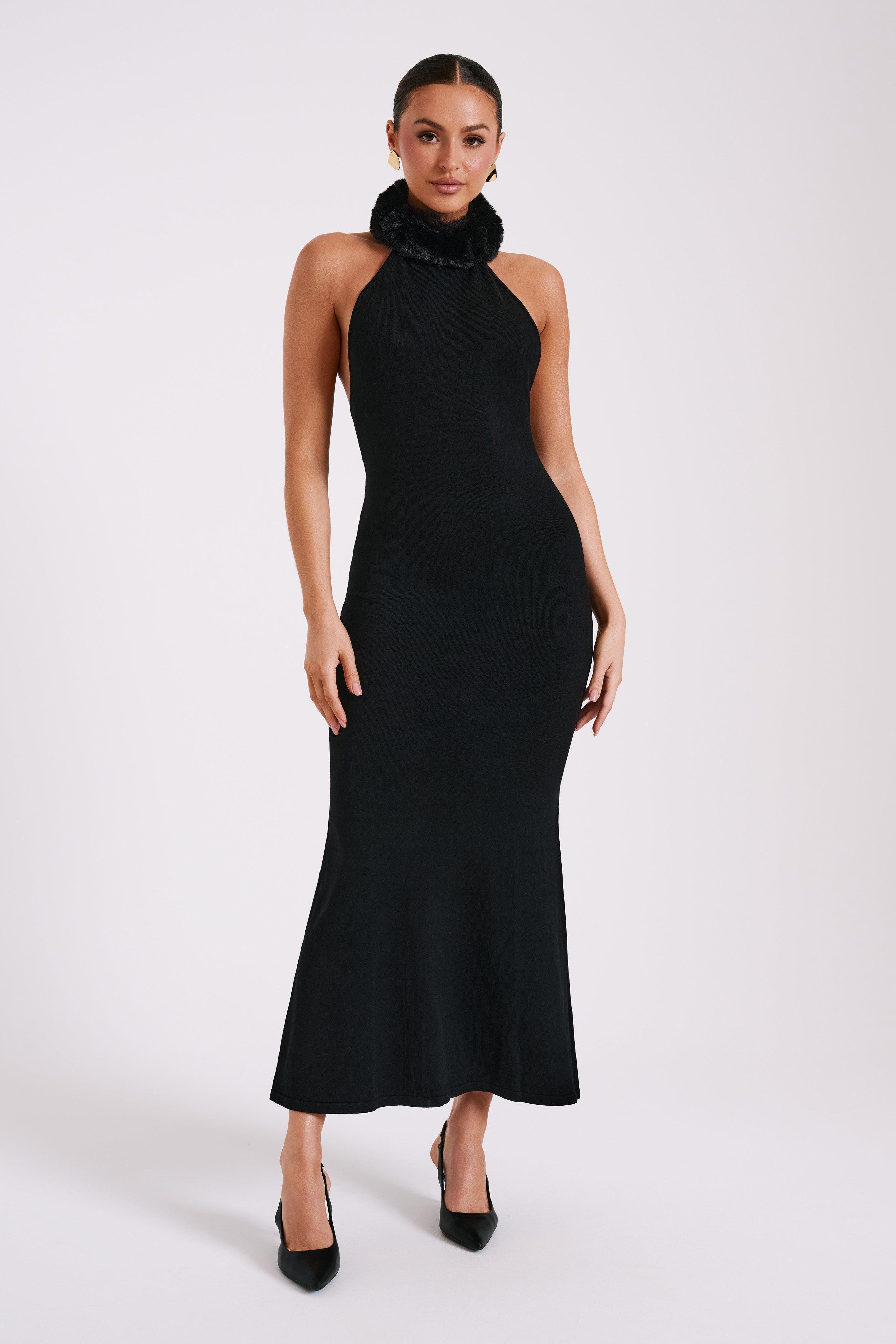 Elva Halter Knit Maxi Dress With Faux Fur - Black product image