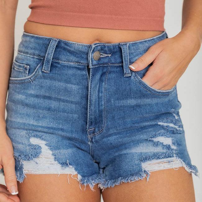 Forever On Time Medium Wash Distressed Denim Shorts FINAL SALE product image