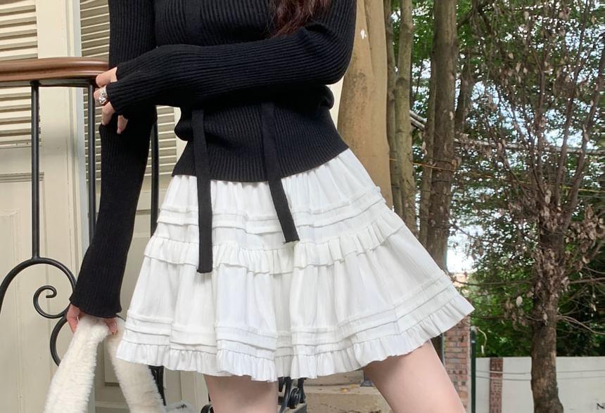 High Rise Plain Ruffle Mini A-Line Skirt Product Image