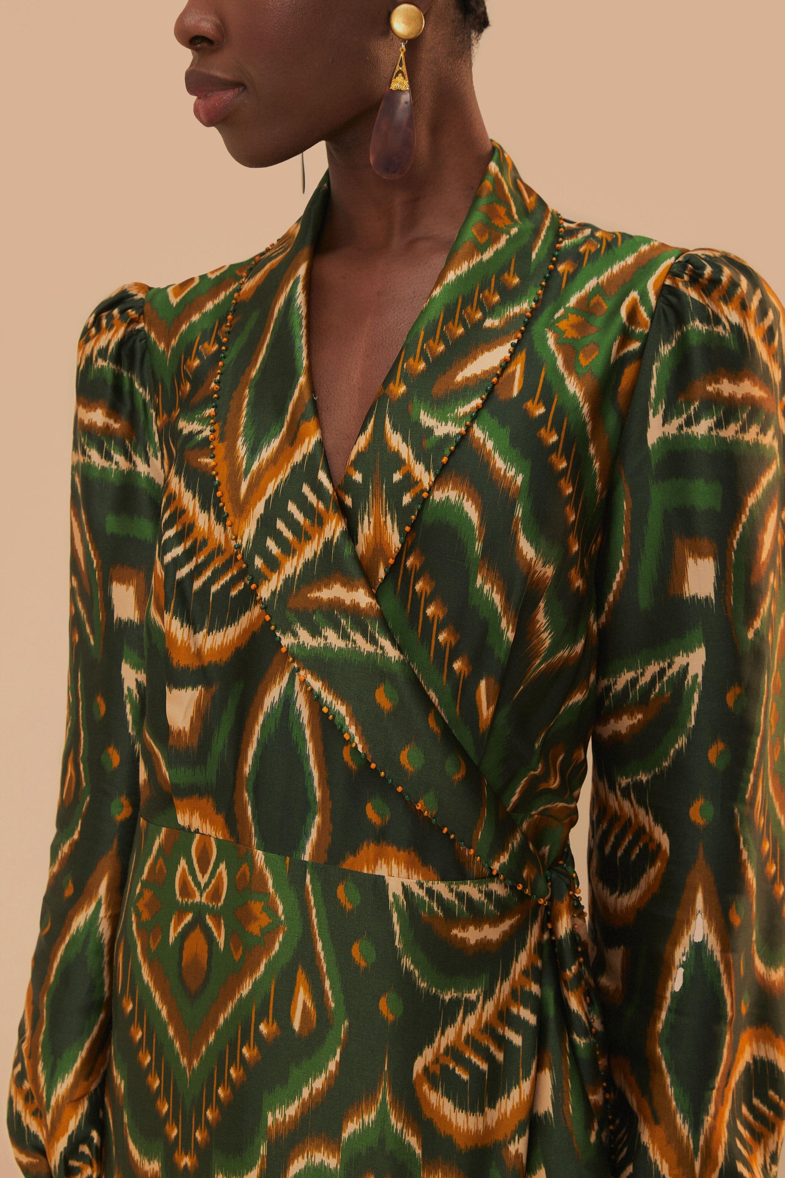 Green Pineapple Ikat Long Sleeve Midi Dress Product Image