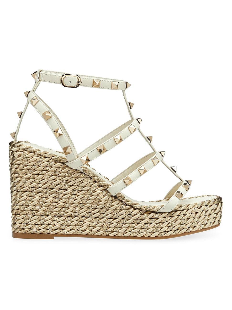 Womens Rockstud Calfskin Wedge Sandals With Straps 95 MM Product Image