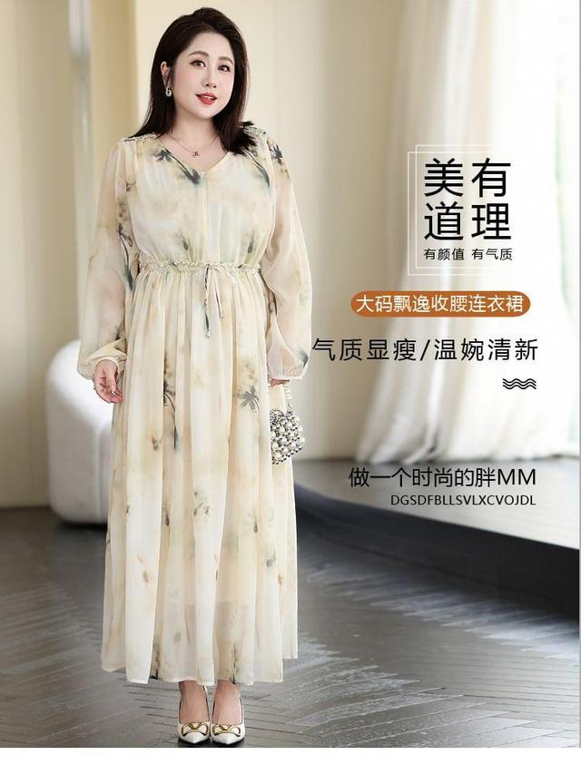 Plus Size Puff-Sleeve V-Neck Floral Maxi Smock Dress Product Image