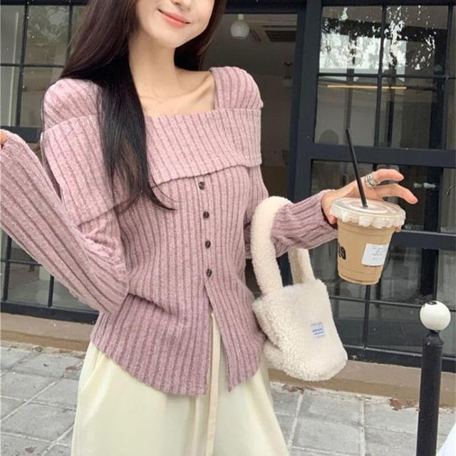 Long Sleeve Square-Neck Plain Ribbed-Knit Button-Detail Slim-Fit Sweater Product Image