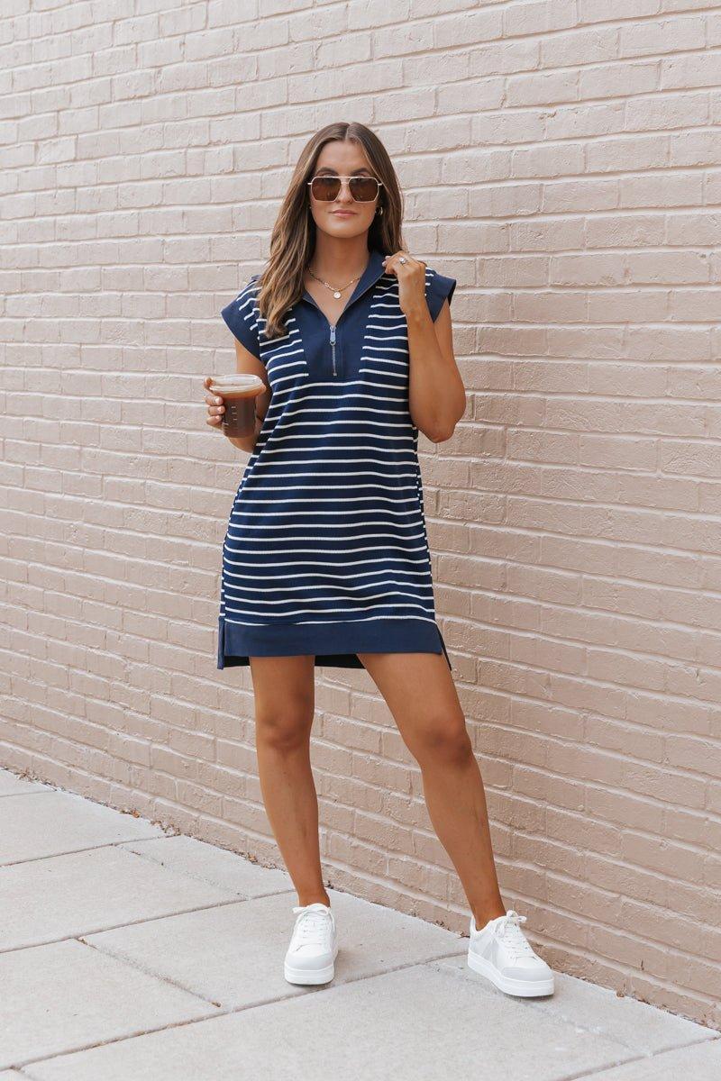 Navy Stripe Zip Up Mini Dress Product Image