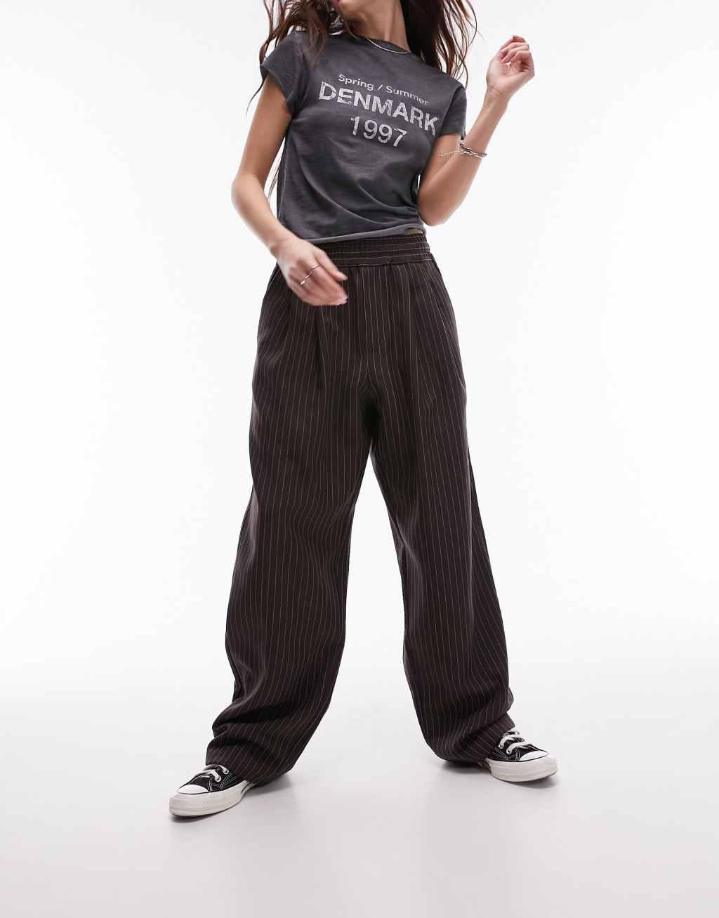 Topshop pinstripe smart sweatpants in chocolate Product Image