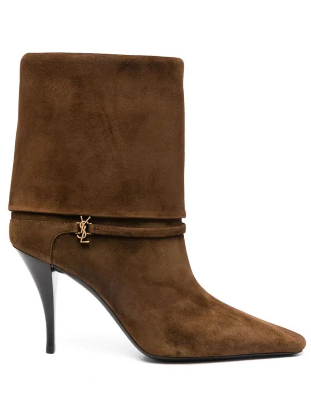 SAINT LAURENT Vicky 90 Suede Booties In Brown Product Image