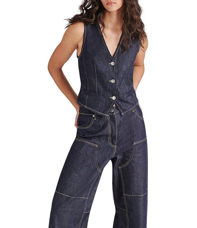 Steve Madden Selene Denim V-Neck Sleeveless Button Front Vest Product Image