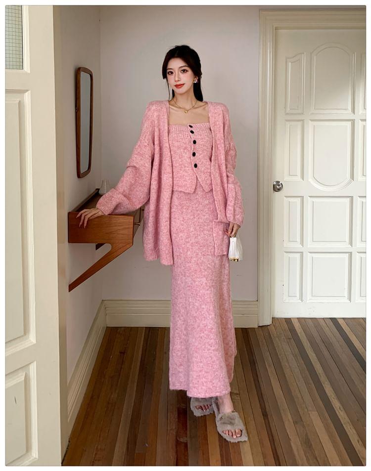 Set: Plain Button Knit Tube Top + Open Front Cardigan + High Waist Maxi Pencil Skirt Product Image