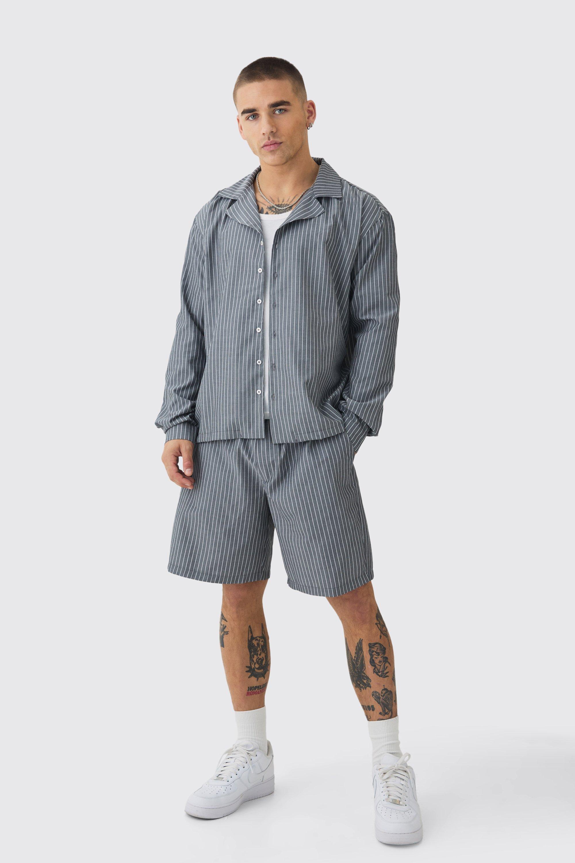 Oversized Long Sleeve Stripe Shirt & Short Set | boohooMAN USA Product Image