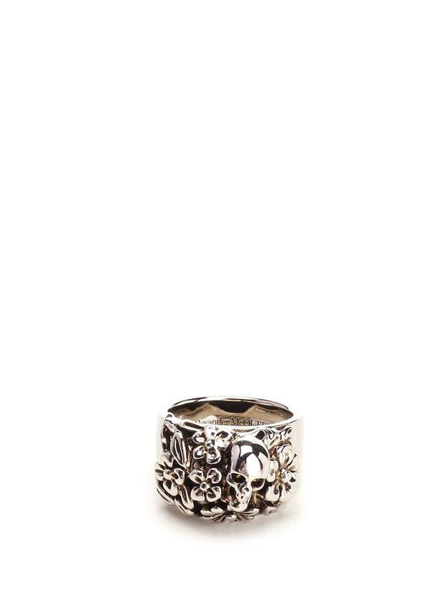 The Floral Skull Logo Engraved Ring In Silver Product Image