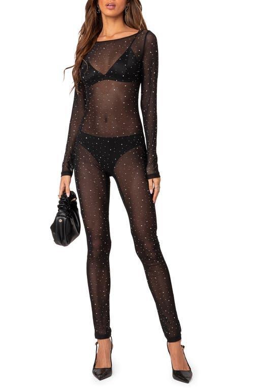 EDIKTED Kristine Rhinestone Sheer Long Sleeve Mesh Jumpsuit Product Image