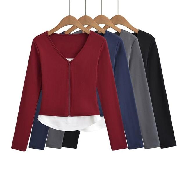 Long Sleeve V-Neck Plain Mock Two Piece Crop T-Shirt Product Image