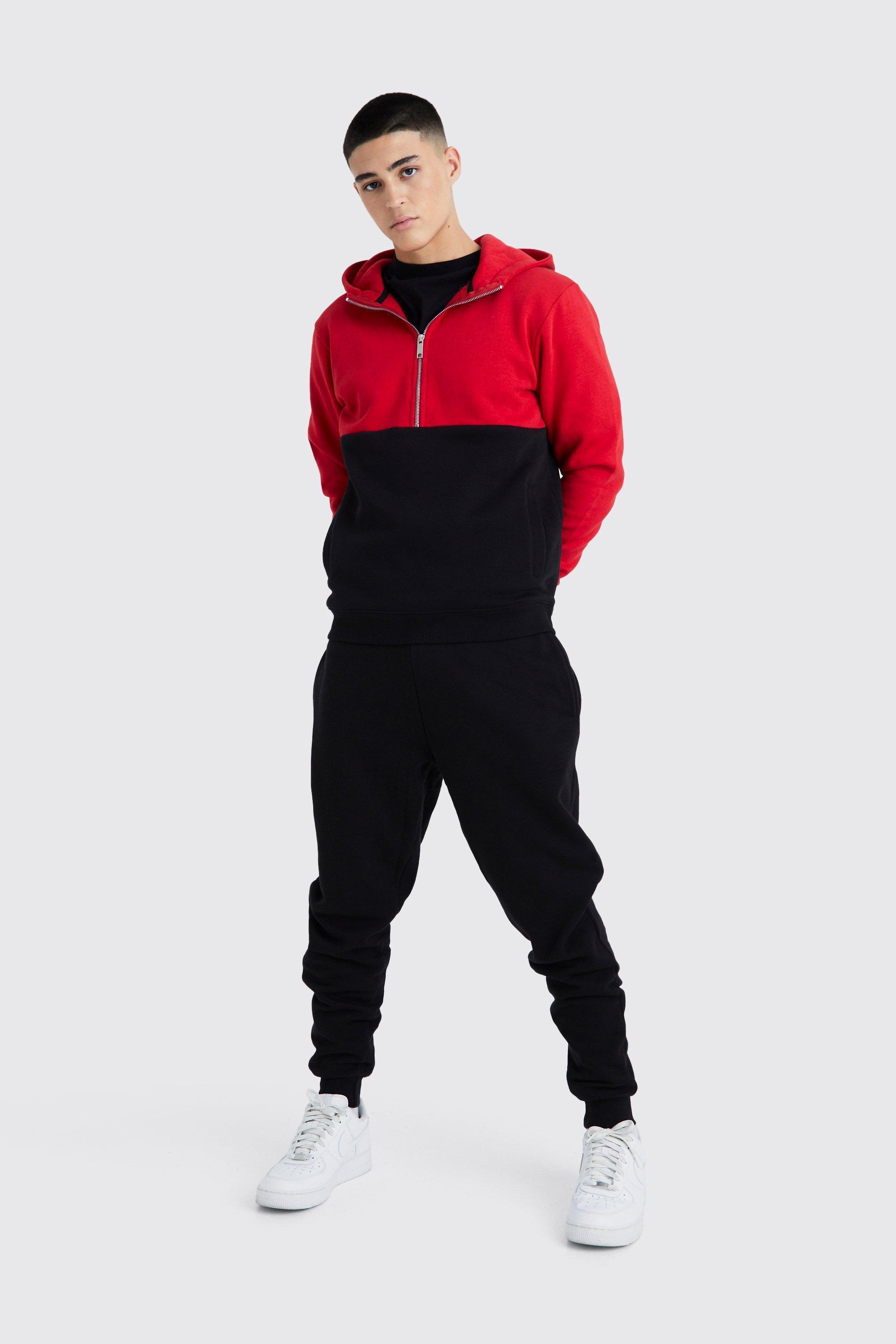 Mens Red Slim Fit Colour Block Half Zip Tracksuit, Red Product Image