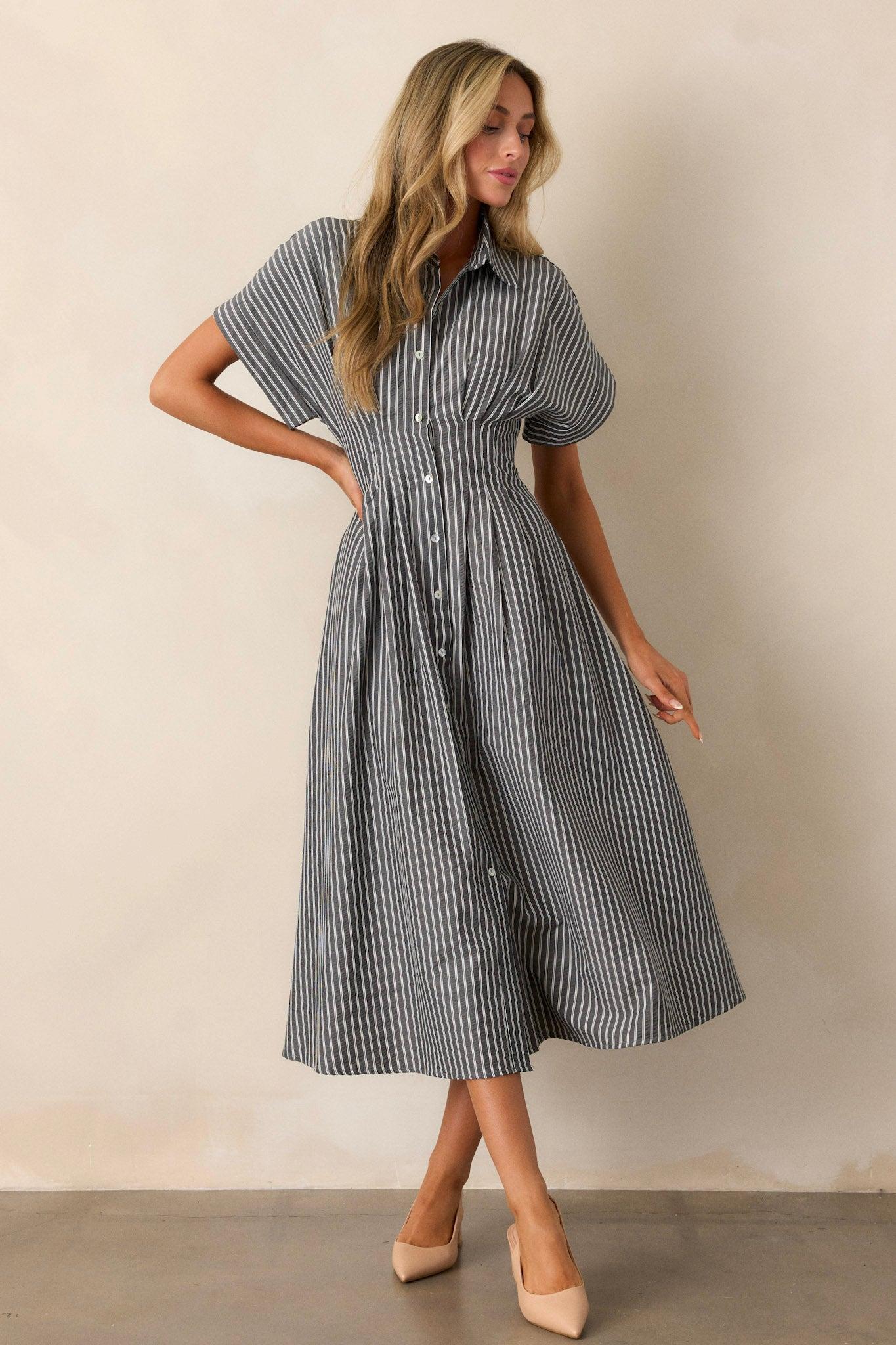 Falling Into Place Black Stripe Short Sleeve Midi Dress Product Image