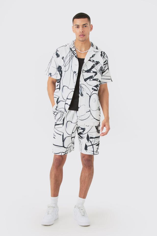 Mens White Oversized Doodle Printed Pleated Shirt & Short Set, White Product Image