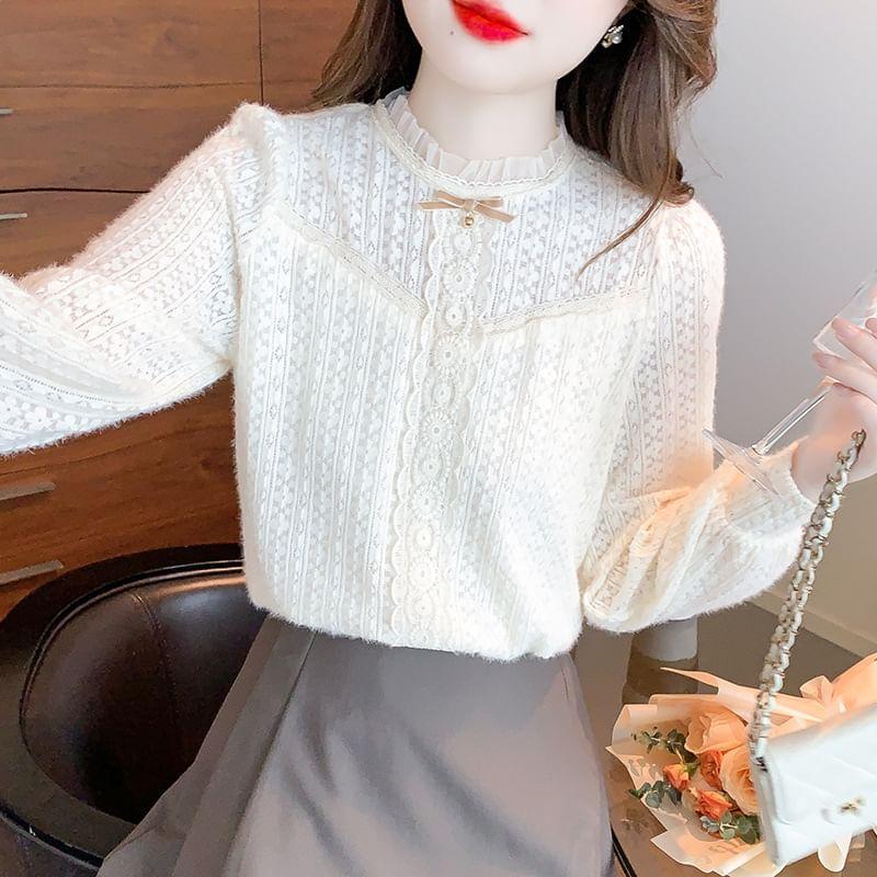 Long-Sleeve Bow Frill Trim Lace Blouse Product Image