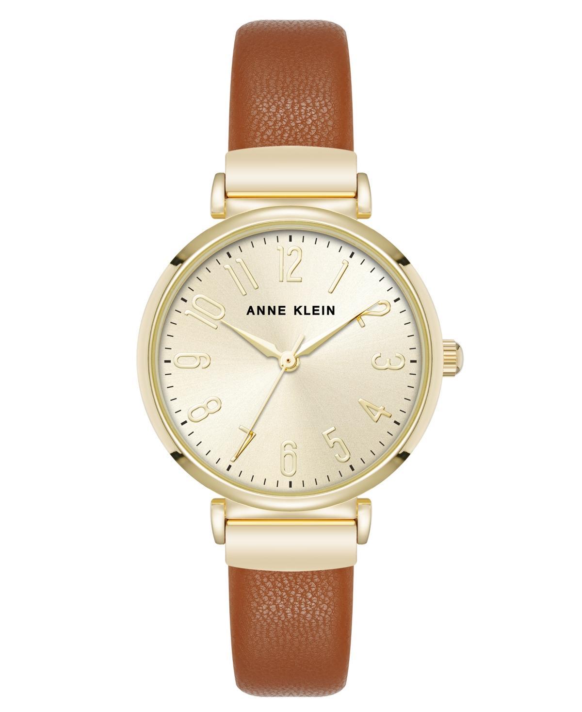 Anne Klein Womens Quartz Round Easy to Read Brown Faux Leather and Gold-Tone Alloy Metal Watch, 32mm - Brown/Gold-Tone Product Image