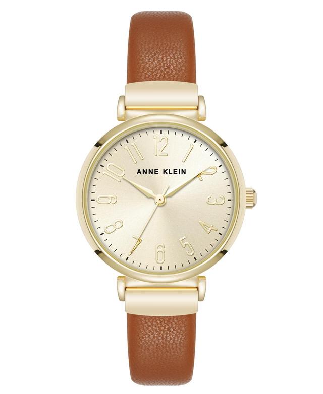 Anne Klein Womens Quartz Round Easy to Read Brown Faux Leather and Gold-Tone Alloy Metal Watch, 32mm - Brown/Gold-Tone Product Image