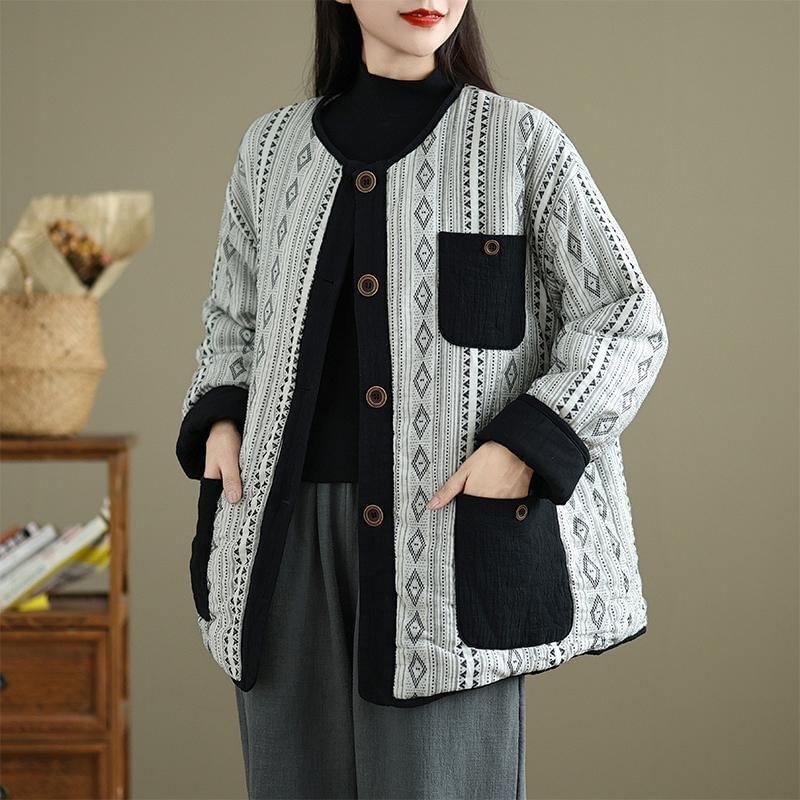 V-Neck Argyle Button-Up Quilted Jacket Product Image