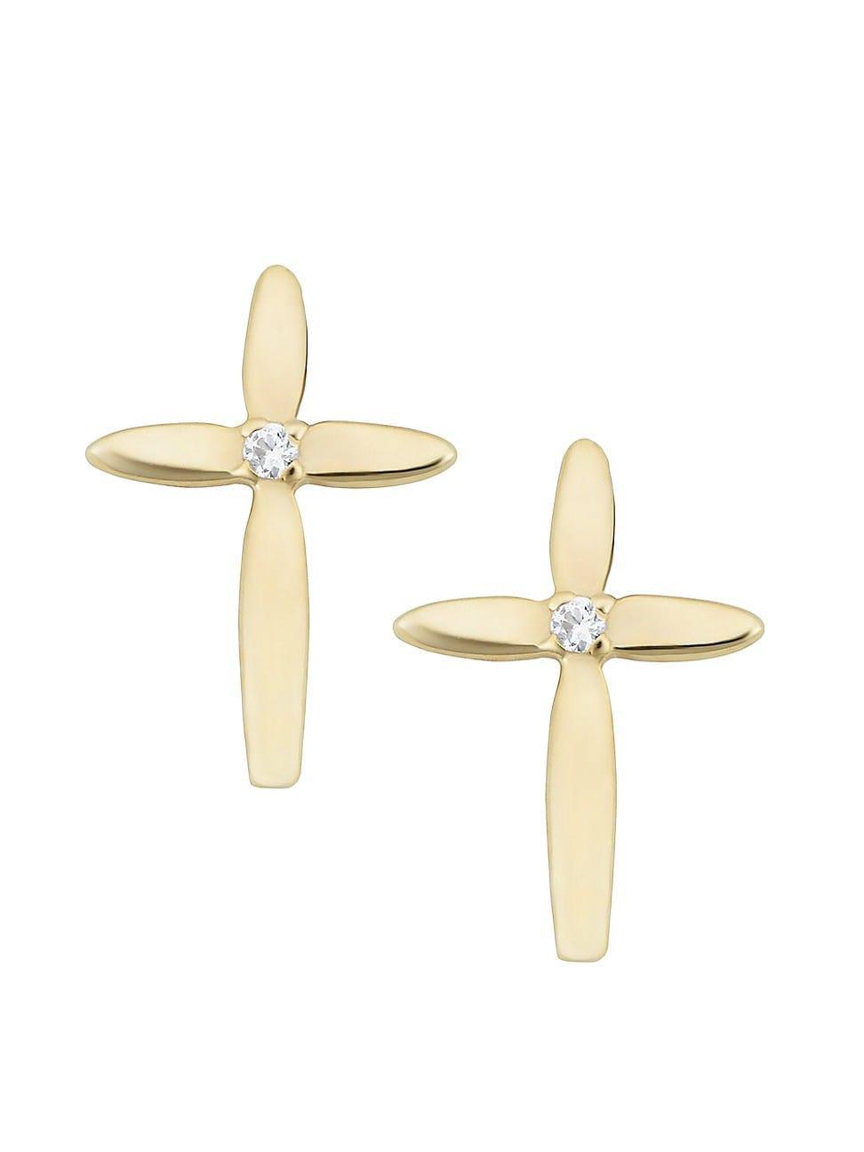 Womens 14K Yellow Gold, White Topaz Cross My Heart Studs Product Image