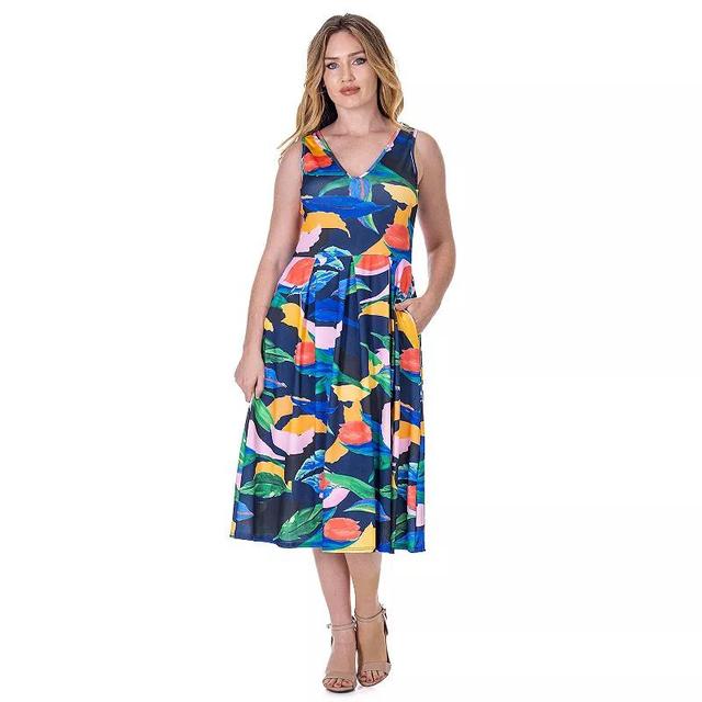 Womens 24Seven Comfort Apparel Midi Length Geo Print Sleeveless Pleated Pocket Dress Blue Team Product Image