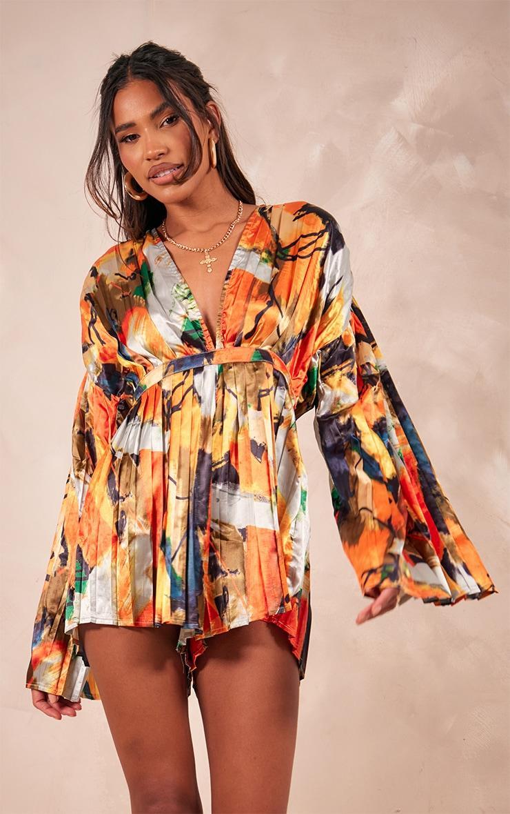 Orange Abstract Plunge Pleated Romper Product Image