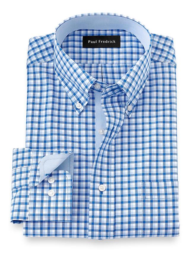 Non-Iron Cotton Gingham Dress Shirt With Contrast Trim - Blue Product Image