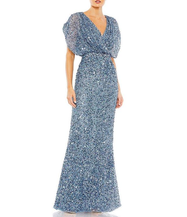 Mac Duggal Sequin Surplice V-Neck Draped 3/4 Sleeve Blouson Bodice Sheath Gown Product Image