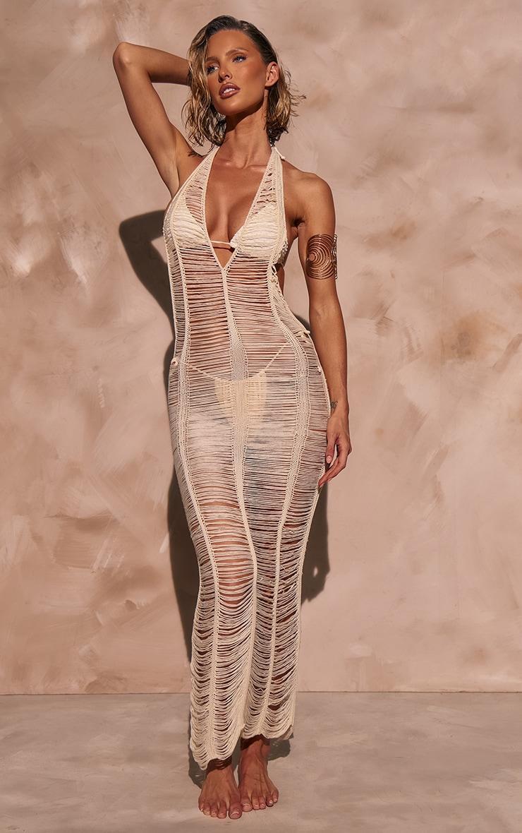 Cream Laddered Plunge Maxi Beach Dress Product Image