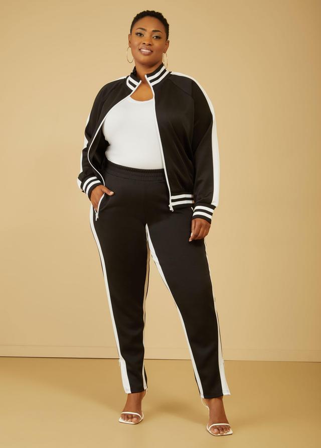 Plus Size Zip Detailed Striped Track Pants, - Ashley Stewart Product Image