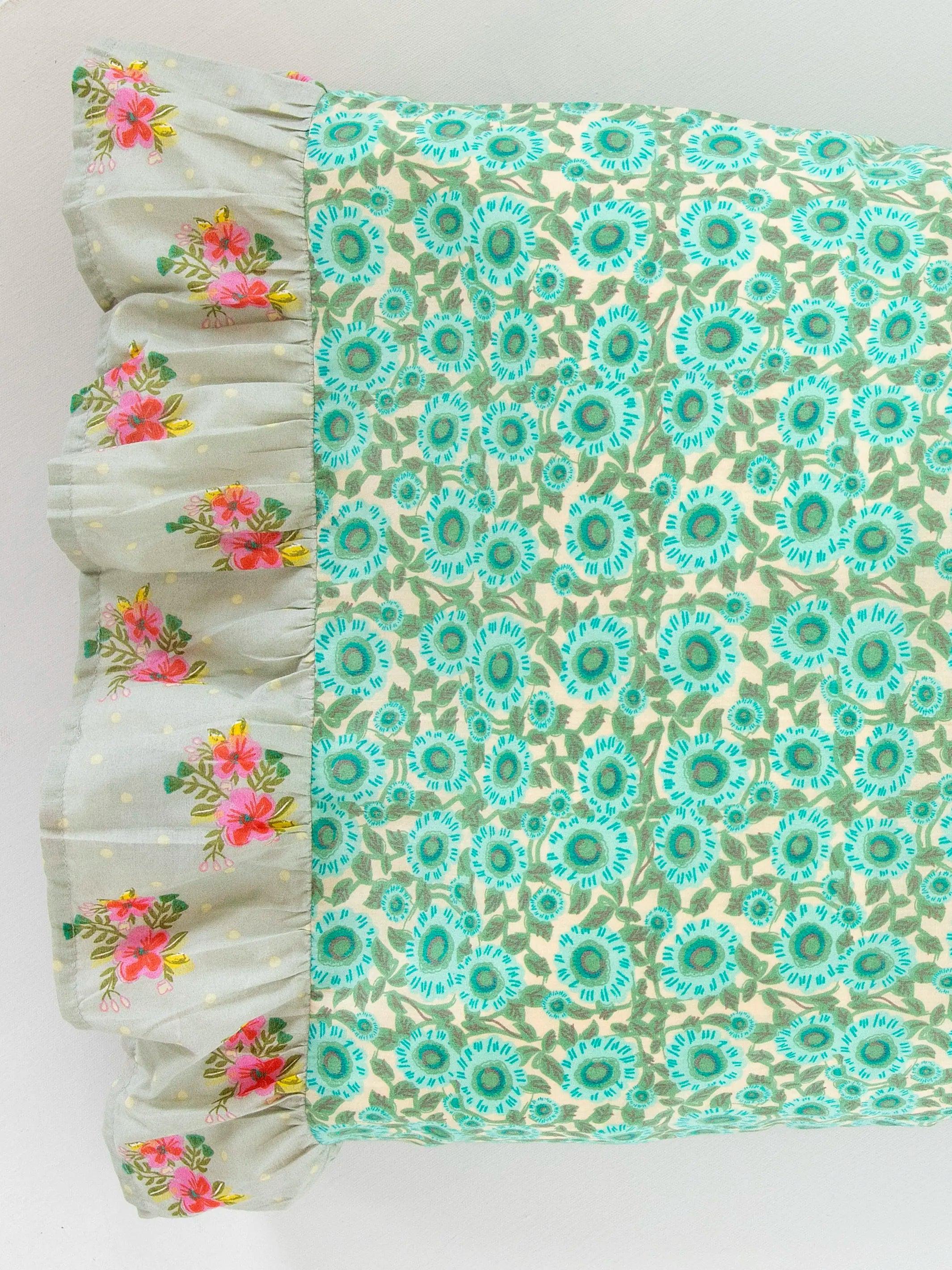 Mix & Match Soft Cotton Pillowcase, Single - Mint Dahlia Grey Nora Ruffle Product Image