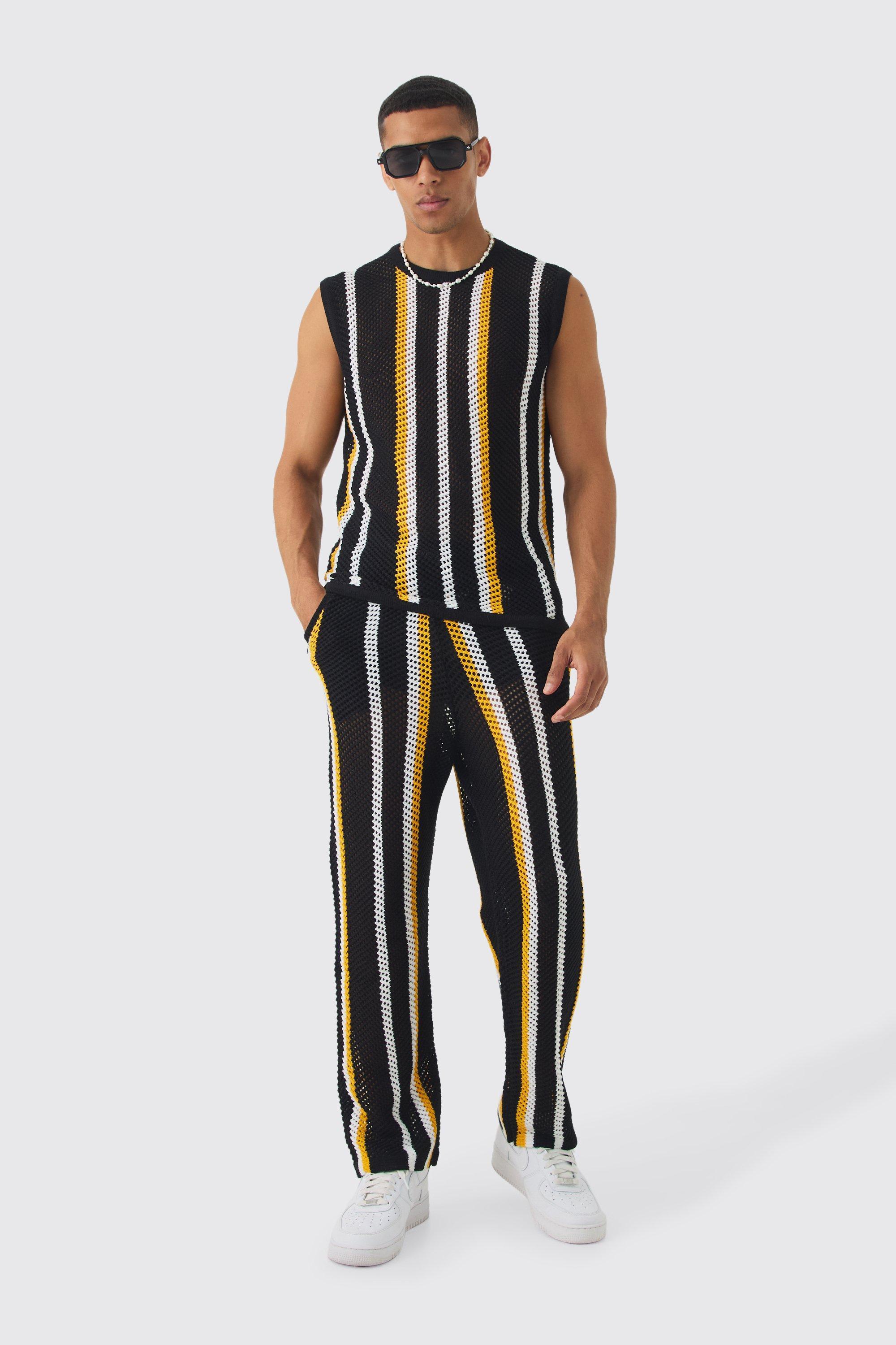 Oversized Open Stitch Stripe Knitted Tank & Pants Set | boohooMAN USA Product Image