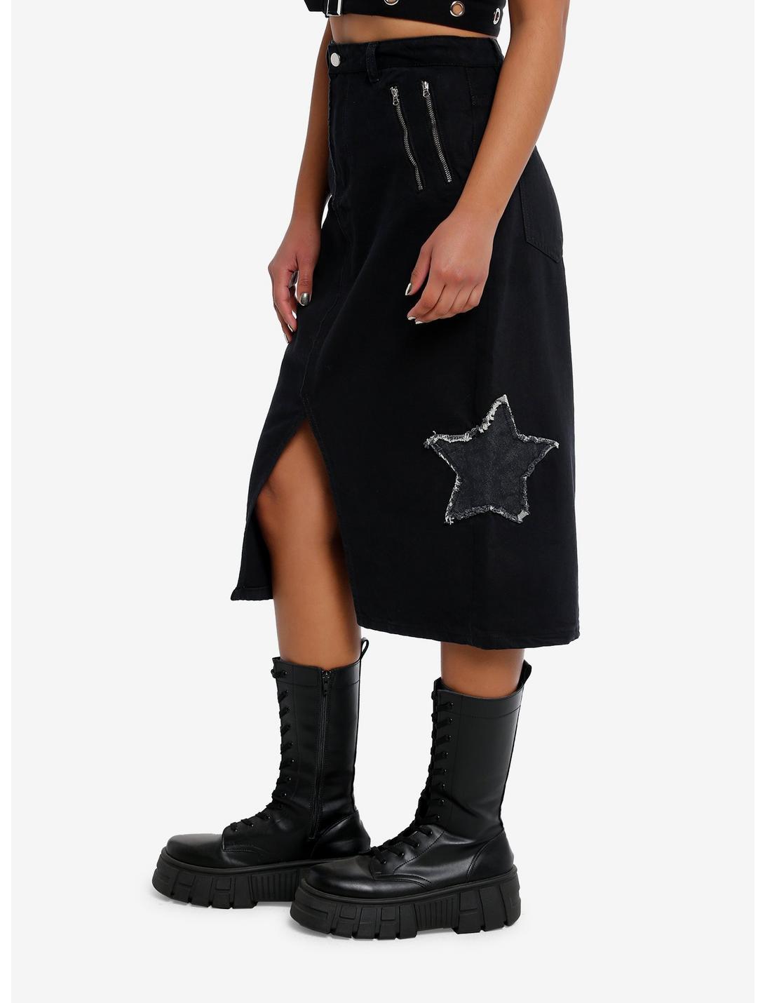 Daisy Street Star Patch Black Denim Midi Skirt Product Image