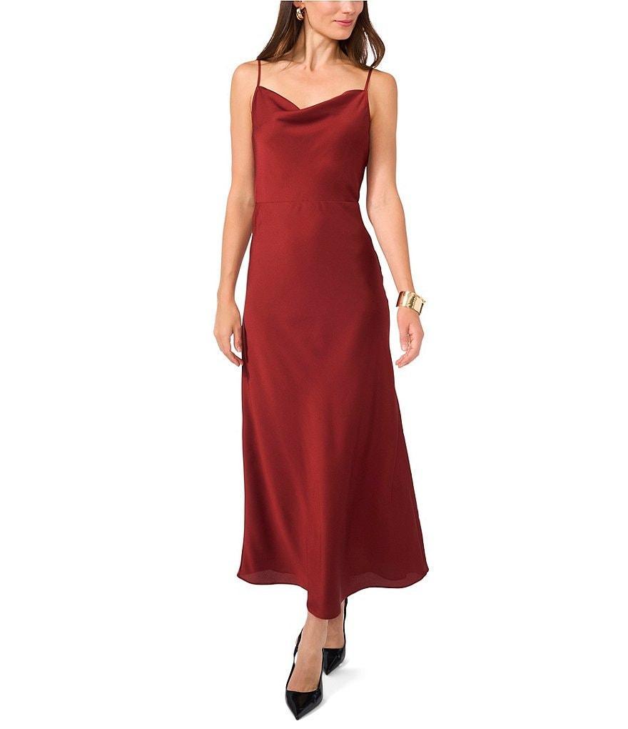 Vince Camuto Hammered Satin Cowl Neck Sleeveless Spaghetti Strap Flounce Midi Slip Dress product image