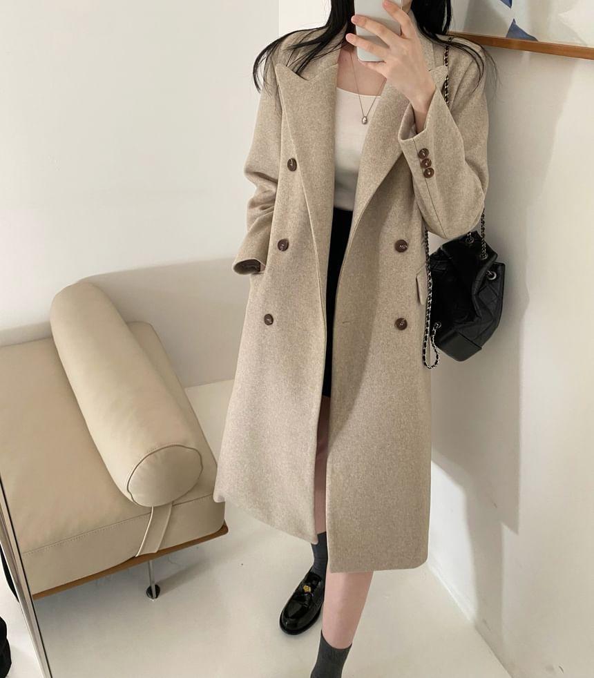 Peak Lapel Plain Midi Double Breasted Coat Product Image