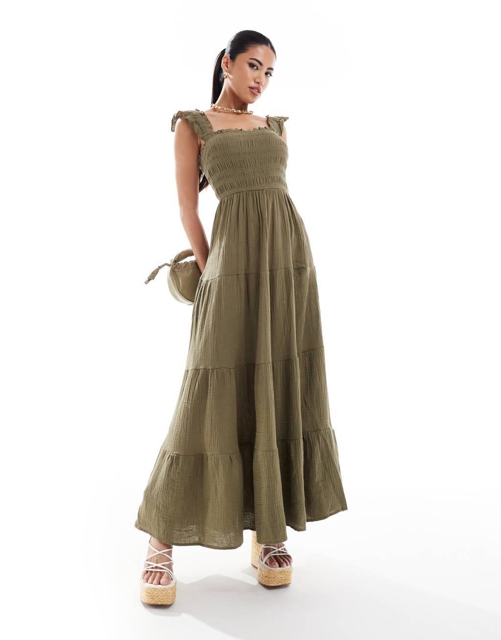 Style Cheat smocked midi dress in khaki product image