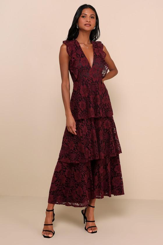 Molinetto Burgundy Lace Ruffled Tiered Sleeveless Maxi Dress Product Image